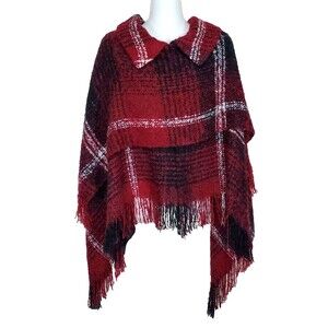 Steve Madden Sweater M L Layered Poncho Red Plaid Oversize Fringe Trim Knit